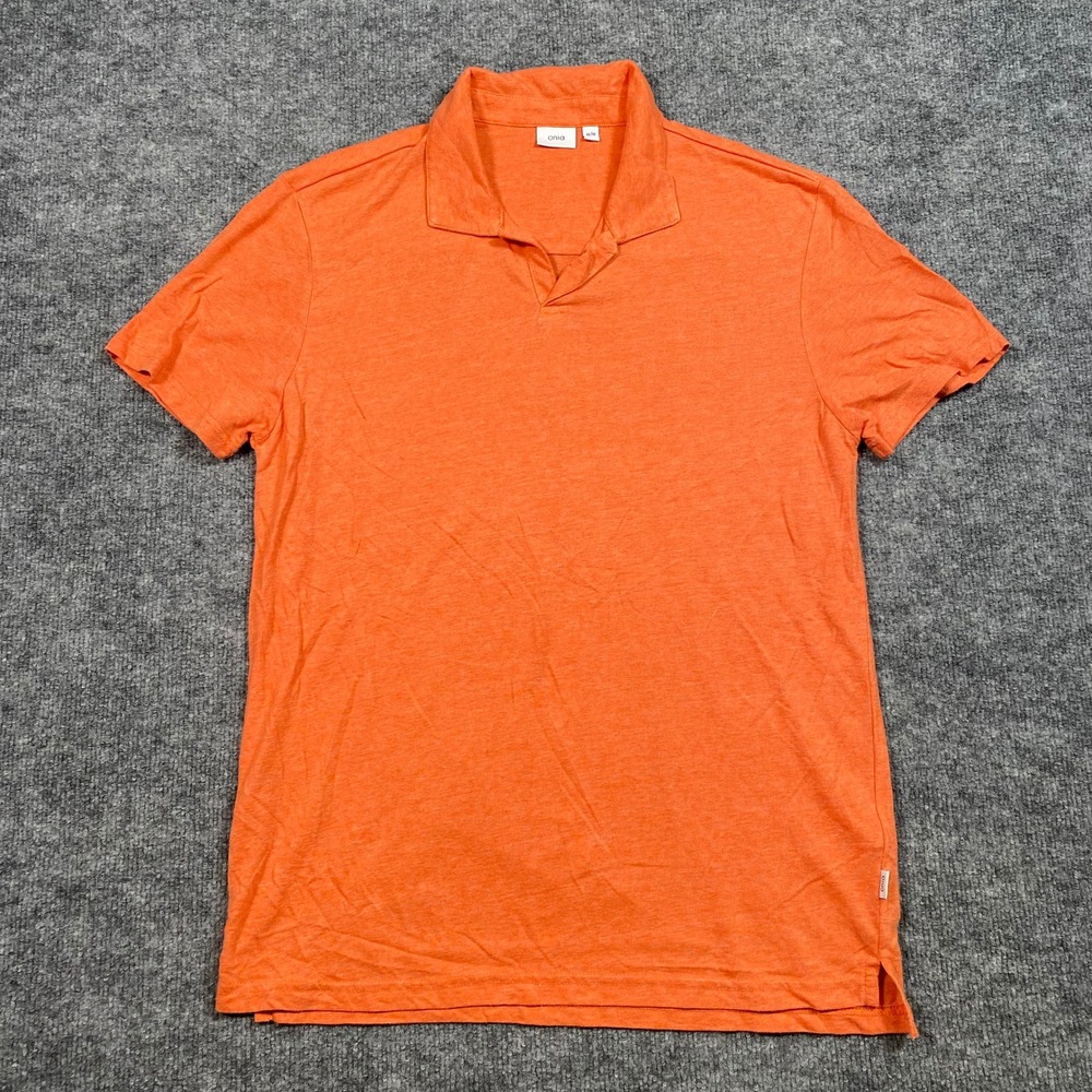 Onia Mens Orange Linen Blend Short Sleeve V-Neck Polo Shirt Size Medium